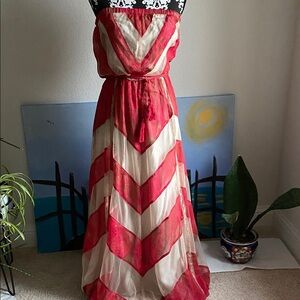 Arden B Strapless Red and Cream Maxi Dress